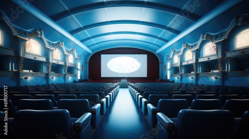 Empty of cinema in blue color with white blank screen.