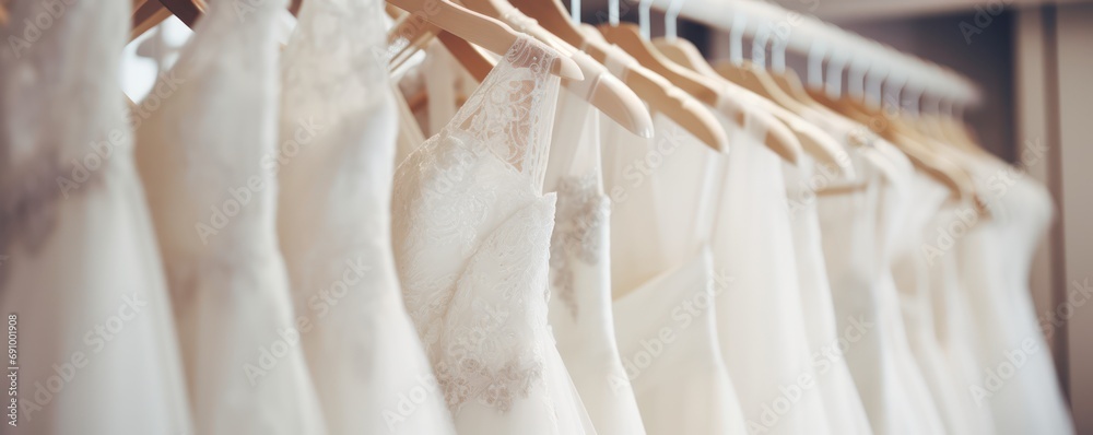 Beautiful elegant luxury bridal dress on hangers