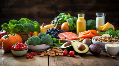 Variety of healthy foods including a fillet of salmon, avocados, nuts, leafy greens, and other vegetables