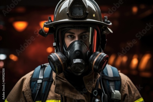 A firefighter confidently wearing a red face mask at a fire station.