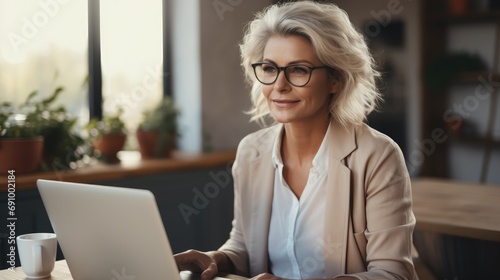 Beautiful mature woman surfing the internet with laptop at home.