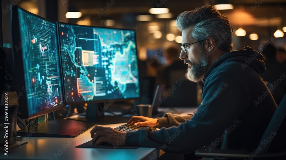 A tech-savvy programmer in a trendy co-working space, Dressed in casual but professional clothes, Surrounded by screens with lines of code and radiating innovation.