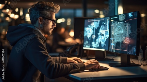A tech-savvy programmer in a trendy co-working space, Dressed in casual but professional clothes, Surrounded by screens with lines of code and radiating innovation.