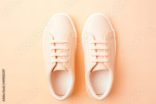 casual sneakers on a peach fuzz color of the year 2024 backgrround