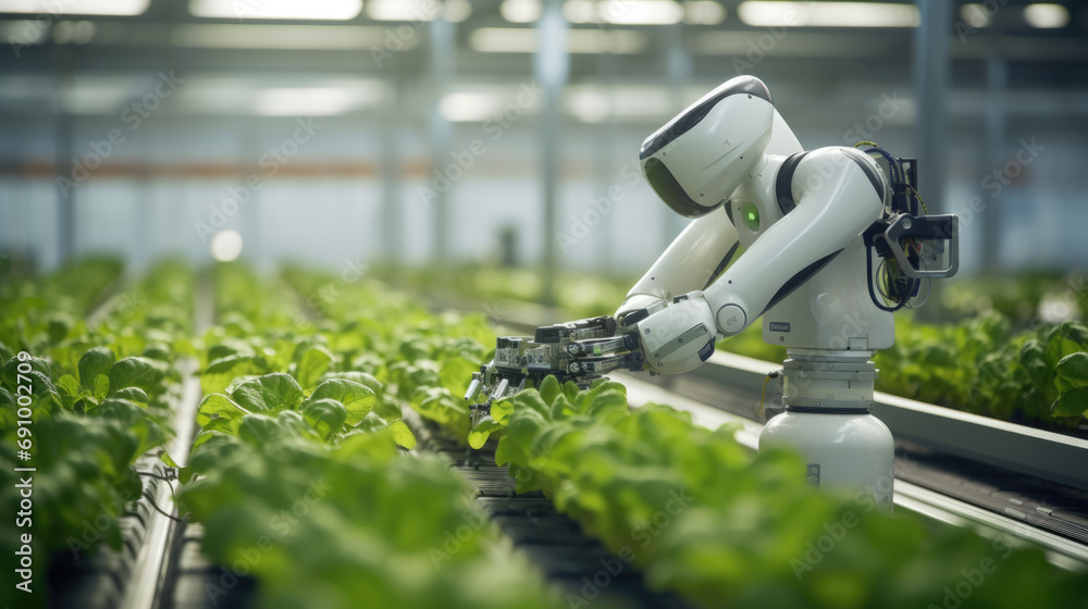 Robot in a modern greenhouse, tending to rows of leafy green lettuce ...