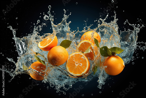 Tangerines oranges in splashes of water on a dark background. Generative AI.