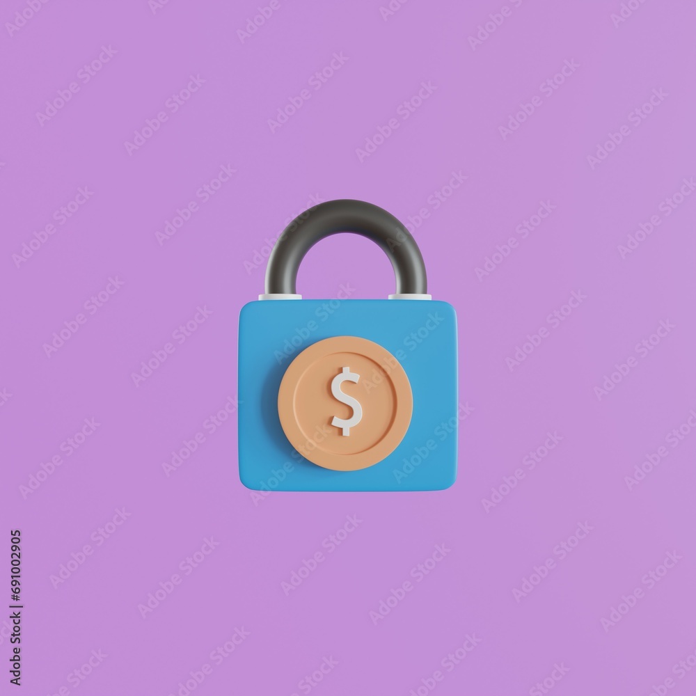 Key lock safety and saving money-coin on purple background. 3D icon render illustration. Key lock safety and saving money-coin on purple background. 3D icon render illustration.
