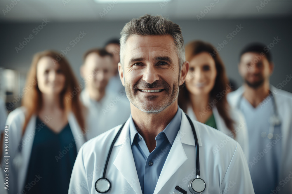 Portrait of doctor man with blurred team nurses and assistants behind in white room hospital. Generative AI.. Generative AI. Portrait of doctor man with blurred team nurses and assistants behind in white room hospital. Generative AI.. Generative AI.