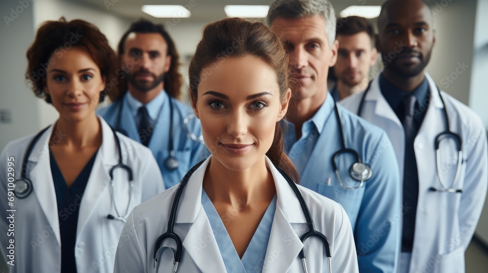 Fototapeta premium Different race and age doctors standing with team at hospital. Generative AI.