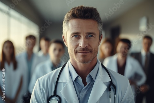 Portrait of doctor man with blurred team nurses and assistants behind in white room hospital. Generative AI.. Generative AI.