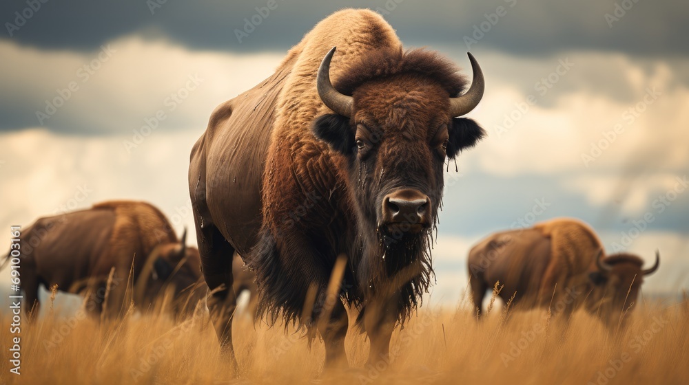 Shot of bison herd moving through a prairie storm. Generative AI.