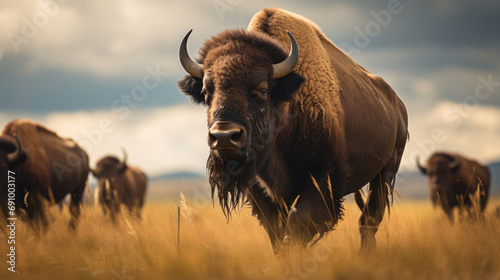 Shot of bison herd moving through a prairie storm. Generative AI. photo
