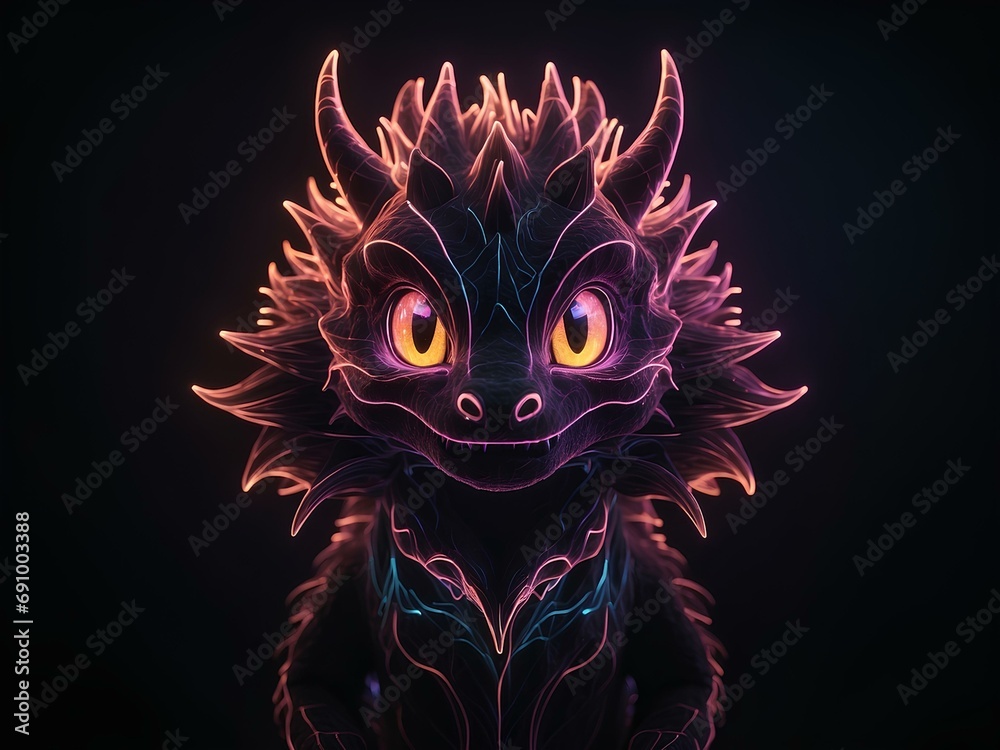 transparent glowing dragon face, glowing lines, black background, for design, isolated
