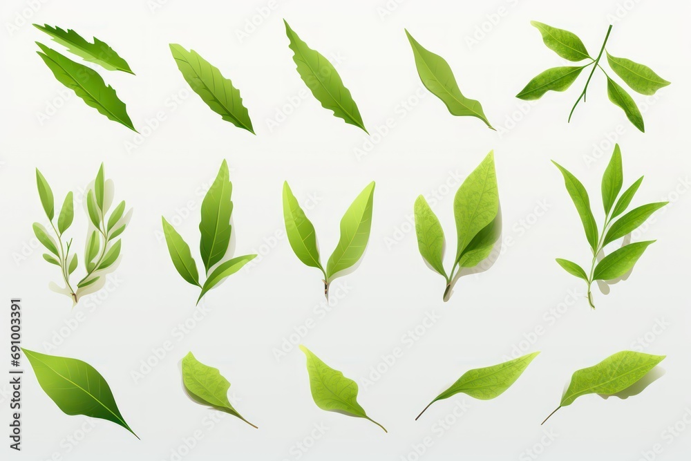 Collection of green tea leaves isolated on transparent or white background