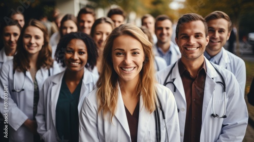 A diverse group of members representing different age groups and backgrounds smiling and standing together with their healthcare professionals in white coats. Generative AI.