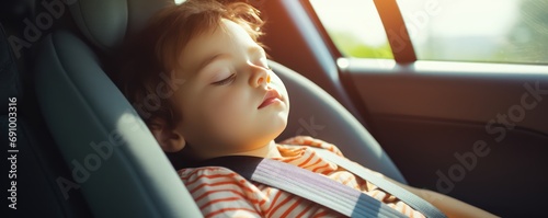 Child sleeping in car seat inside the car