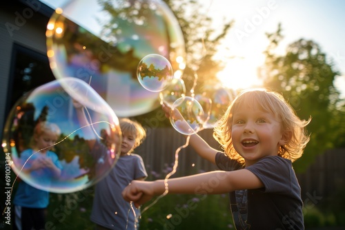 Children Playing with Bubbles: Kids enjoying bubble