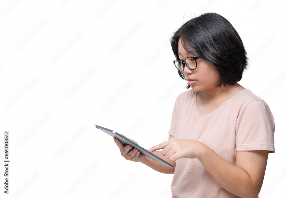 smart Asian Girl Browsing Social Networks On Digital Tablet isolated on white Background smart Asian Girl Browsing Social Networks On Digital Tablet isolated on white Background