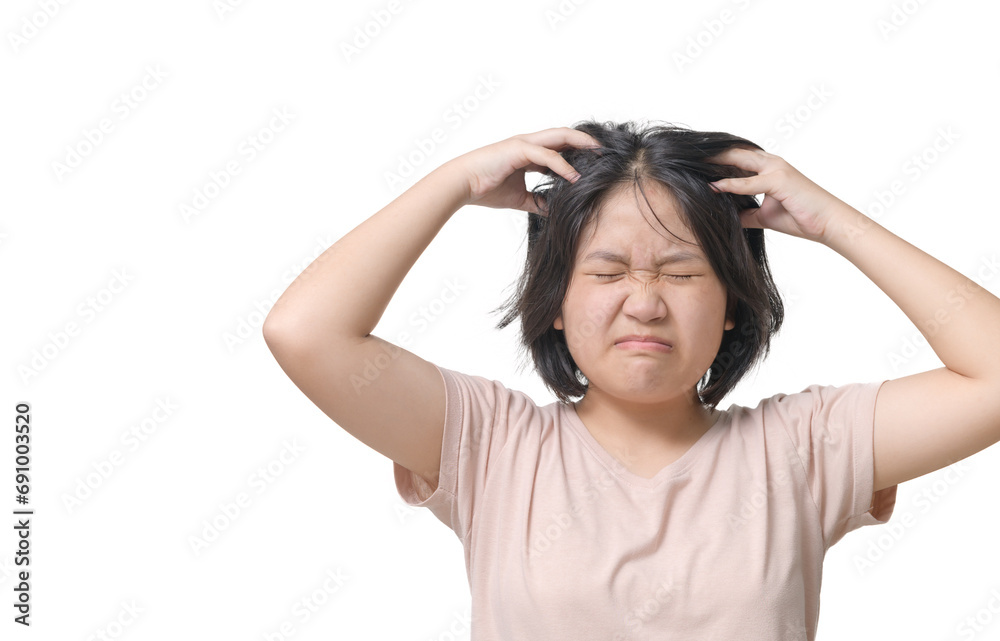 Asian girl scratching the scalp isolated on white background, Hair care Asian girl scratching the scalp isolated on white background, Hair care