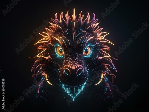 transparent glowing dragon face  glowing lines  black background  for design  isolated