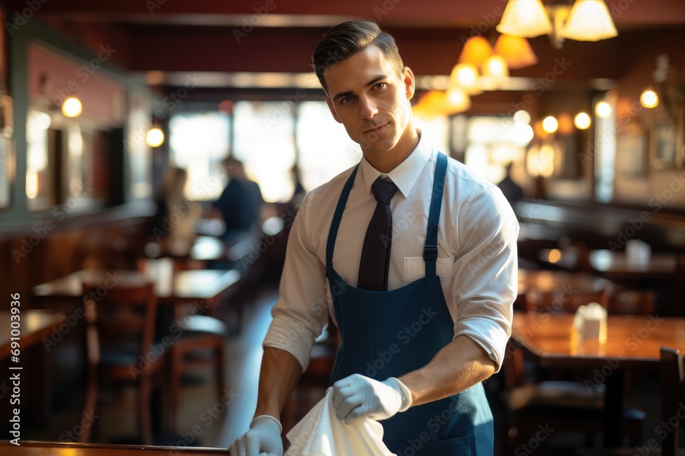 Fototapeta premium Waiter responsibly disinfects tables, Prioritizing customer well-being. Generative AI.