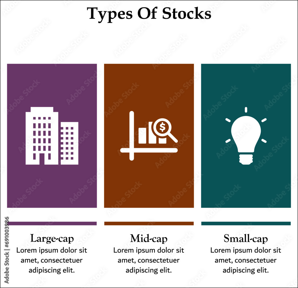 Three types of stocks - Large cap, Mid cap, Small cap. Infographic template with icons