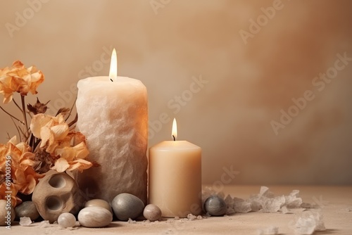 Burning candle on beige background