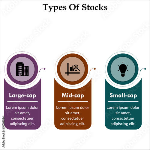 Three types of stocks - Large cap, Mid cap, Small cap. Infographic template with icons