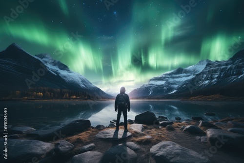 Rear view, A tourist man carrying a backpack is looking at a Aurora. Generative AI. photo