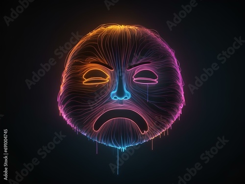 transparent glowing sad face  glowing lines  black background  for design  isolated