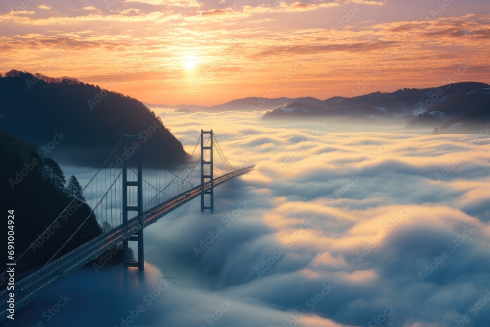 Cross-river bridge at sunrise over sea of clouds, Arch bridge. Generative AI.