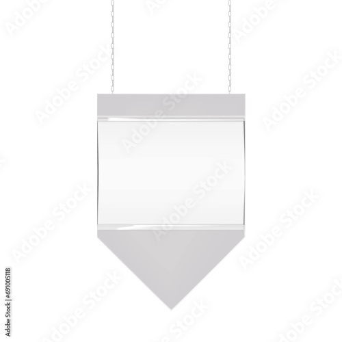 Hanging supermarket promotion banner display board vector mock-up. Ceiling blank white sign holder for retail store realistic mockup. Template for design