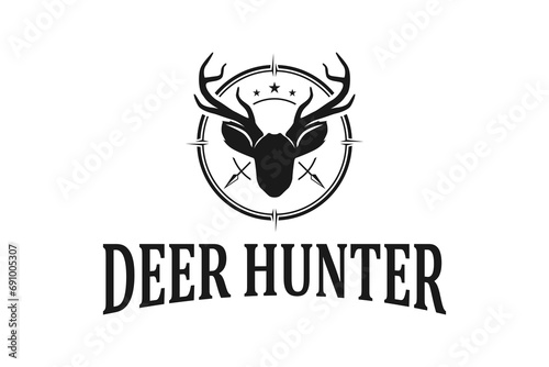 Vintage logo of deer hunting in the wild with a telescope shot.