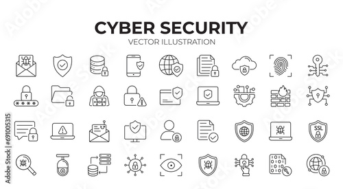Cyber Security editable stroke outline icons set. Data protection, spam, secure, security, antivirus, password, privacy, padlock and hacker. Vector illustration. 