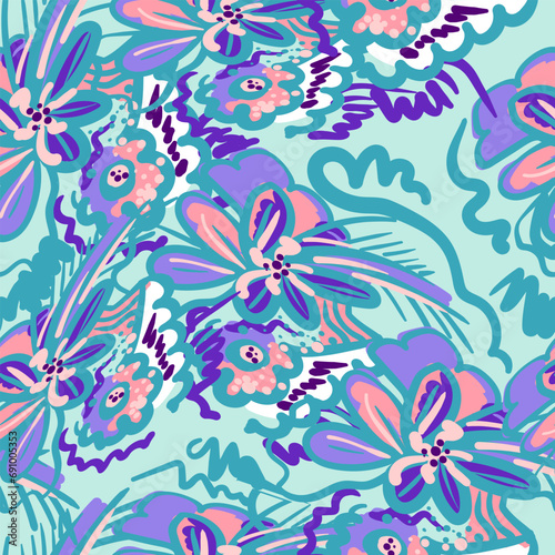 Decorative seamless vector colorful urban pattern with flowers and leaves