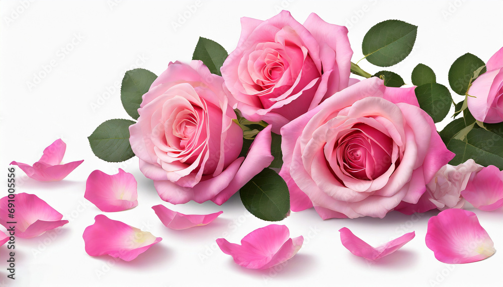 Light pink rose flower and petals on laying white background Light pink rose flower and petals on laying white background