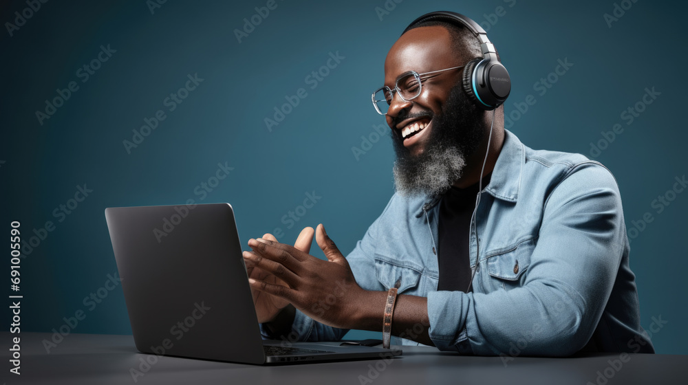 A man in a casual outfit works on a laptop in his office A man in a casual outfit works on a laptop in his office