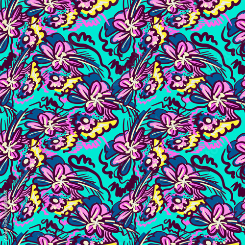 Decorative seamless vector colorful urban pattern with flowers and leaves