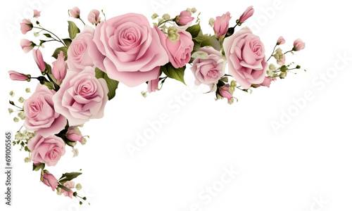Floral corner arrangements with pink roses and eustoma flowers and a frame isolated on transparent background