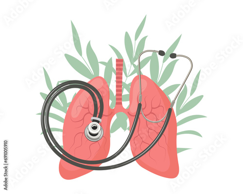 Healthy human lungs with a stethoscope on a background of leaves and flowers. Medicine concept, respiratory system. Vector