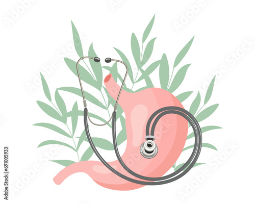 Healthy stomach with a stethoscope on the background of leaves and flowers. Medicine concept. Vector