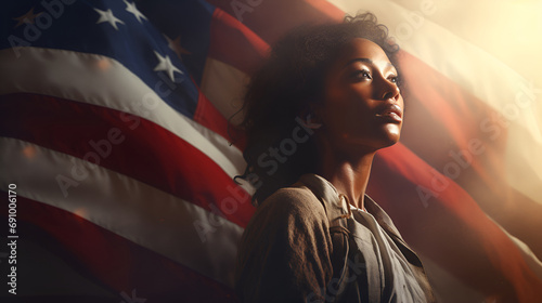 Portrait of an African American woman proudly standing against the backdrop of the USA flag photo
