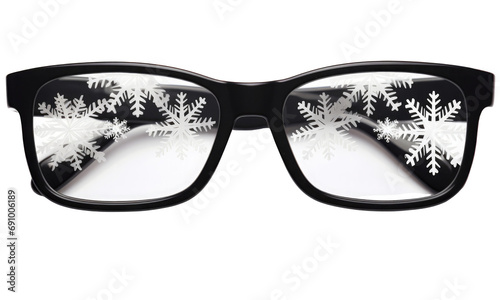 Black plastik glasses decorated with snowflakes isolated on transparent background