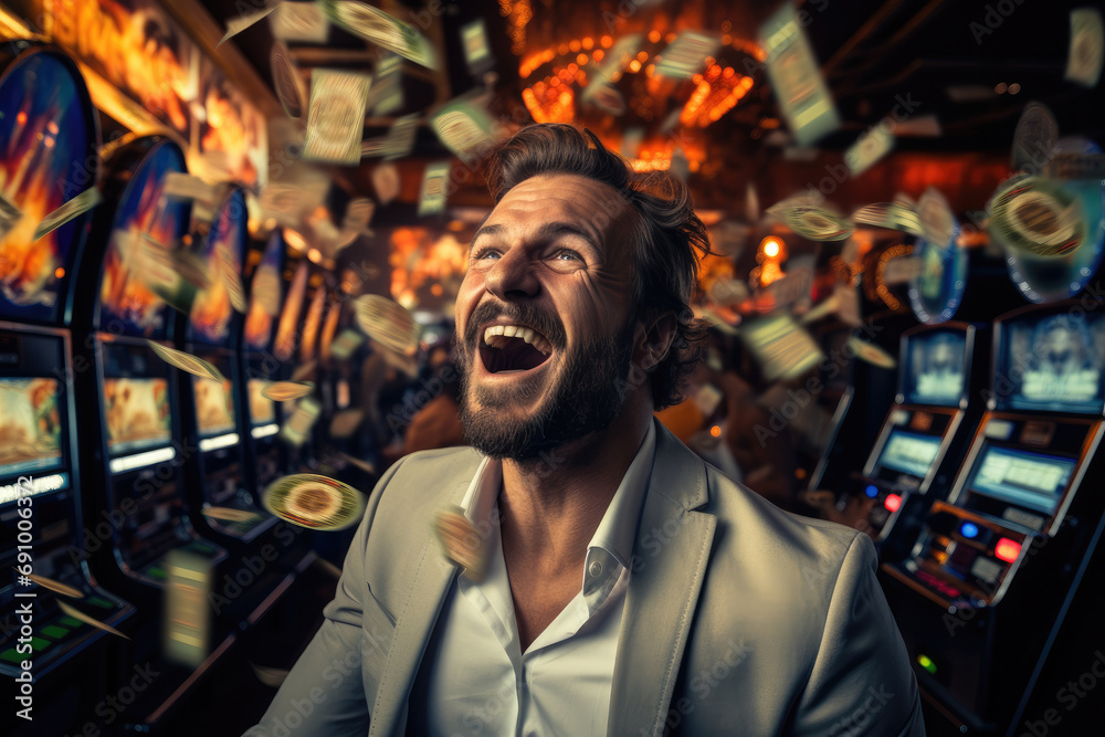 Obraz premium A man win lots of money from a slots. Generative AI.