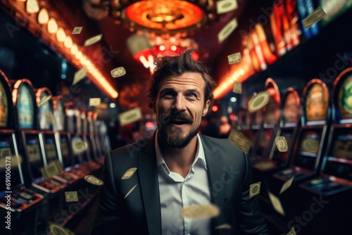 A man win lots of money from a slots. Generative AI.