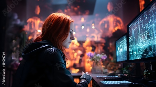 focused hacker: young woman with red hair in cyber world