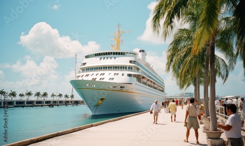Amazing giant cruise ship in ocean, beautiful blue sky. Summer holiday theme