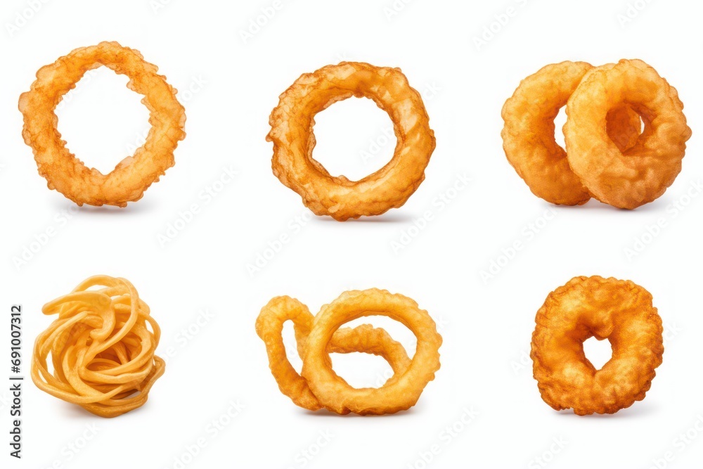 Collection set of fried onion rings isolated