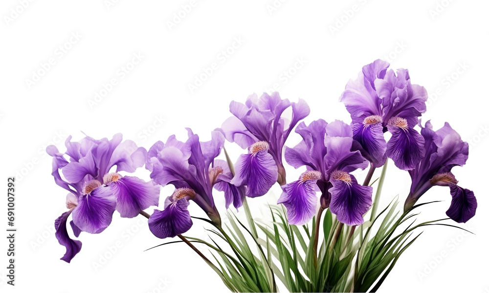 Purple iris flowers in a floral corner arrangement isolated on transparent background