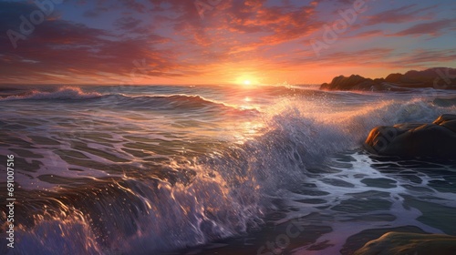 Oceanic Sunset Beauty  Scenic Seascape with Beach Landscapes and Waves